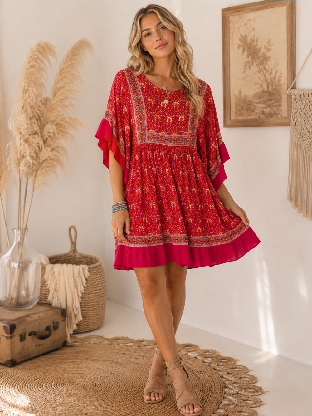 Boho Chic R. Vivimos Red Floral Mini Dress with Ruffle Hem